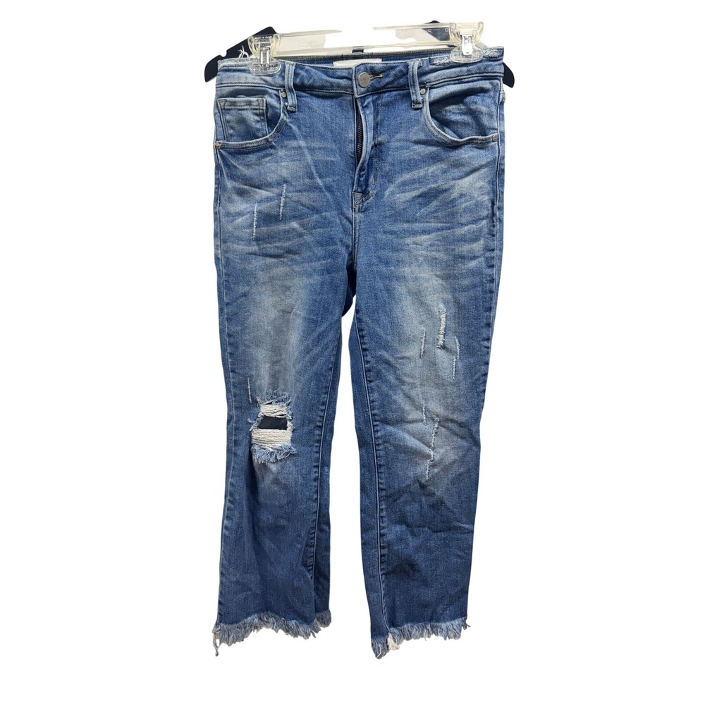 RIsen Jeans Women's Distressed Hi-Rise Medium Wash Raw Hem Bot Crop Jean Sz 29